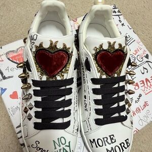 Dolce & Gabbana White Sneakers with Red Heart and Gold Studs